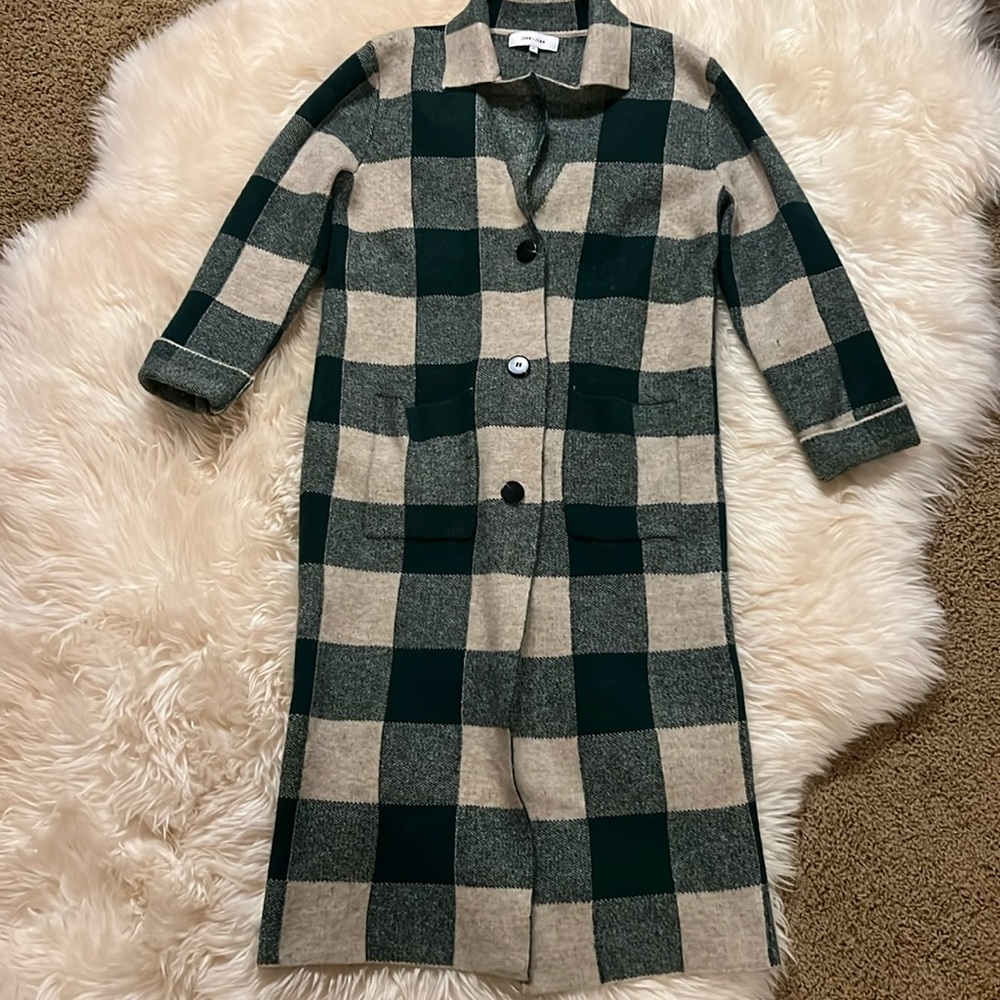 John Jenn Plaid Sweater Coat Green White Women’s Size Small